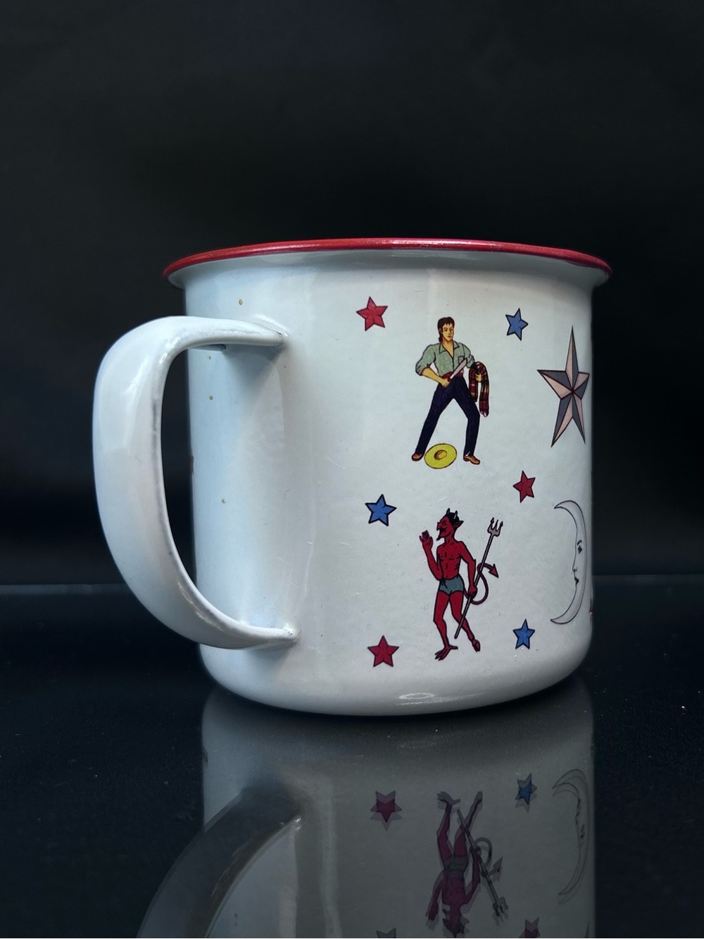 Wajiro Dream Metal Enamel Coffee Mug with Mexican Loteria Tattoo Design 3" Tall - Picture 3 of 16